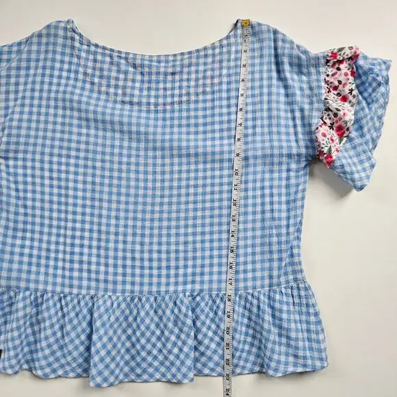Matilda Jane  Rural Route Gingham Blue White Top Size S Floral - Picture 7 of 8